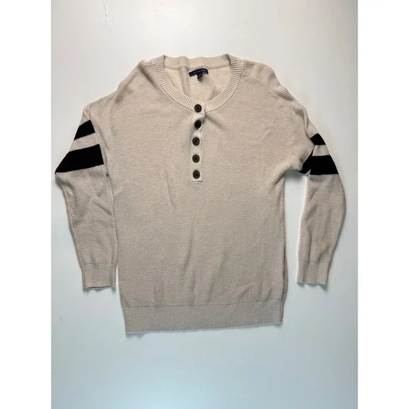 American Eagle Henley Sweater Light Beige Striped Sleeve Button Neck Casual - Picture 1 of 5